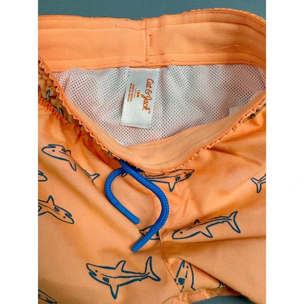 Cat & Jack Boys Orange Shark Print Swim Trunks Shorts 18M Infant Blue‎ Drawcord